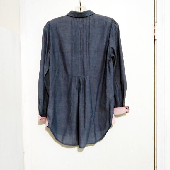 Denim/Chambray Tunic Smock Top/Mini Dress with Pleated & Pink StripedAccents Sz6 - Picture 9 of 9